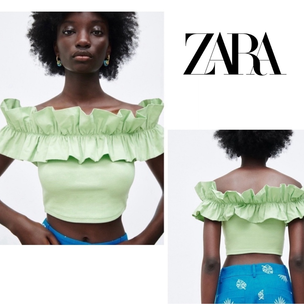 Zara green ribbed ruffle frill neckline off the shoulder fitted crop top M NWOT